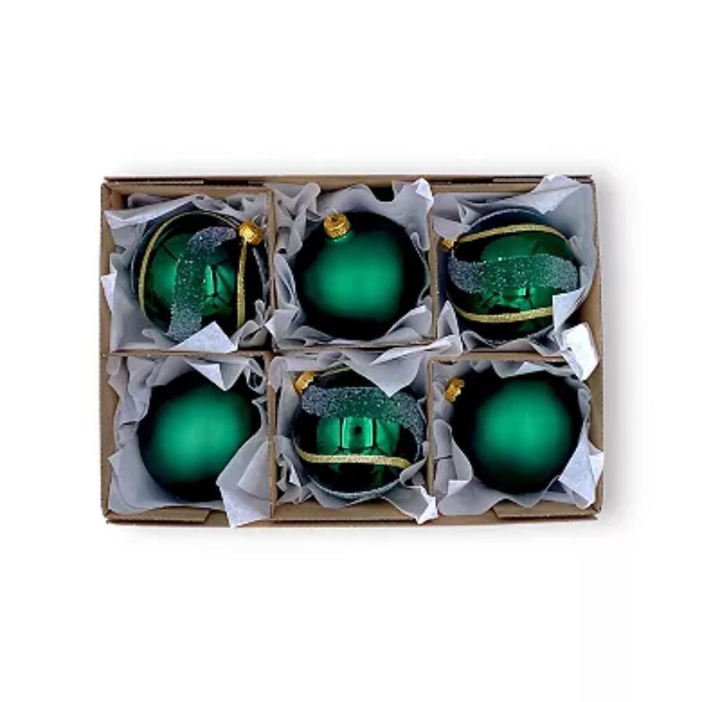 Vitbis Handmade in Poland Green & Gold Glass Ball Christmas Ornaments Set of 6